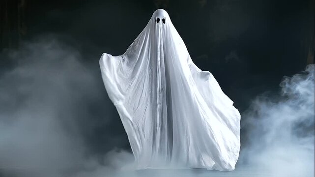 Classic white sheet ghost standing alone in a dark smoky room, flowing fabric draped to the floor with two small black eye holes, soft mist creating an eerie Halloween atmosphere and spooky supernatur