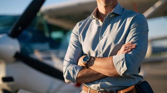 Faceless man standing with arms crossed, smiling near a small plane, aviation hobby concept, with copy space