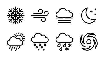 Fototapeta premium Weather icons set with snowflake, wind, clouds, moon, sun, rain, snow and hurricane for forecast and climate