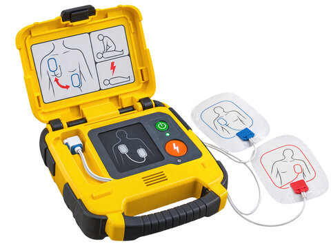 Automated external defibrillator with electrode pads and emergency resuscitation instructions isolated on transparent background