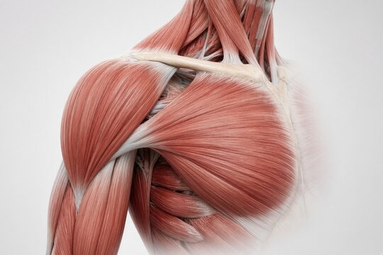 Detailed illustration of human muscular anatomy showcasing the shoulder and arm muscles.