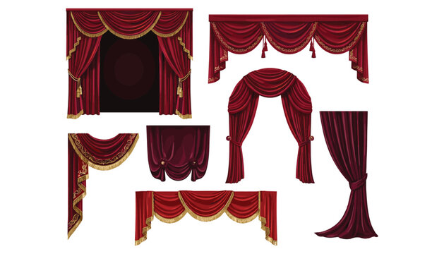 Red stage curtain vector illustration set. Luxury velvet theater drapes, golden fringe lambrequin, baroque window valance, opera ceremony backdrop and performance decoration elements.