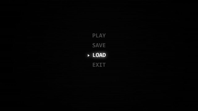 Retro video game menu navigation with play save load exit options on a black screen motion footage.
