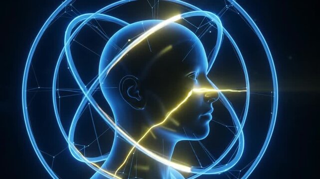 Digital Human Head with Glowing Orbiting Rings, Futuristic Sci-Fi Abstract Concept