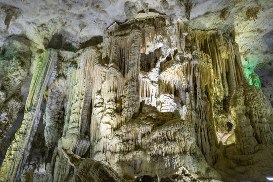 Illuminated Limestone Formations Inside a Cave in Guangxi, China