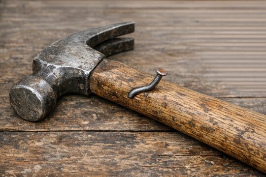 A close-up shot of a hammer and a nail on a wooden table, ready for use