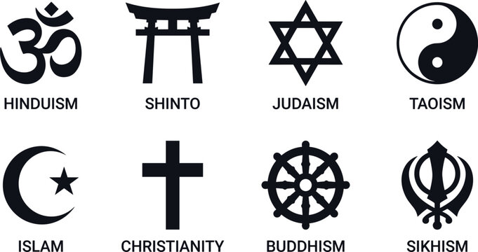 World religion symbols silhouette icon set. Om, torii gate, star of david, yin yang, crescent and star, christian cross, dharmachakra, khanda sign elements.