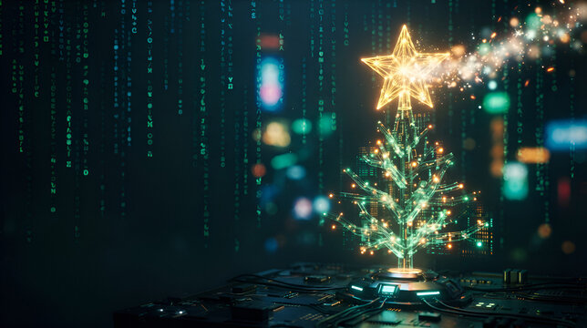 Digital Christmas tree with glowing star on circuit board, surrounded by falling binary code and bokeh lights