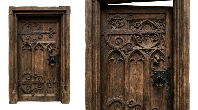 Ancient Medieval Wooden Door Photo Isolated on Black Background Set Collection