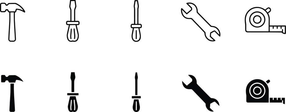 Tool icon set showing hammer, wrench, measuring tape, repair equipment, construction, and hardware