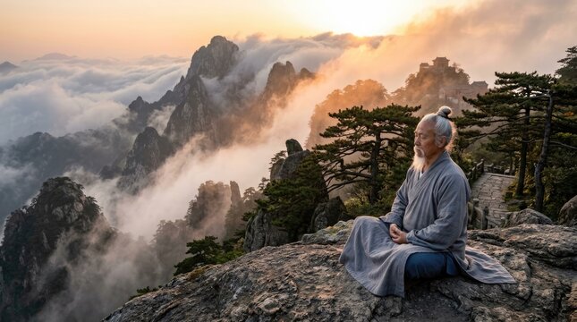 Daoist hermit meditate: Taoism path, misty peak, mountain shrine, pine cliff, sunrise haze, solitary master, spiritual harmony, serene contemplation, ancient wisdom.