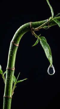 Bamboo stem harmony: Taoism philosophy, Daoism balance, water drop, dew foliage, natural serenity, plant vitality, zen purity, herbal essence.