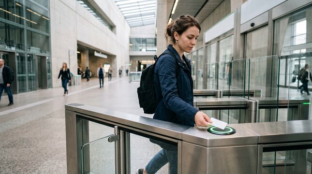 Woman with backpack using access card at modern transit station turnstile