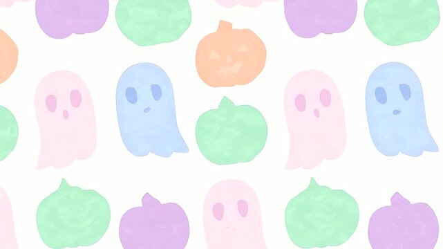 Pastel Halloween shapes arranged in a repeating pattern on a soft white background, miniature ghosts and pumpkins in pale pink, lavender and mint colors, cute festive holiday background