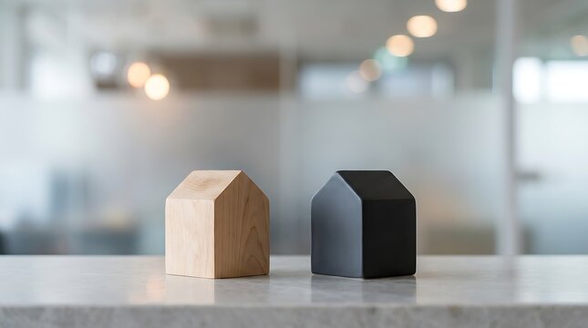 Two small house models made of wood and black material sitting on a marble surface in a bright office