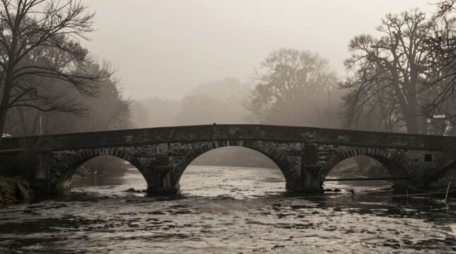 A serene view of a historic stone bridge arching over a misty river, surrounded by fog and trees. This tranquil landscape captures the essence of peaceful nature.