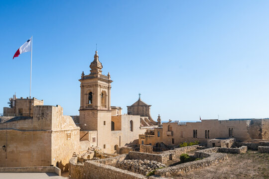 Bell tower of the Assumption Cathedral and walls of the Citadel fortress, Victoria - Gozo MALTA 