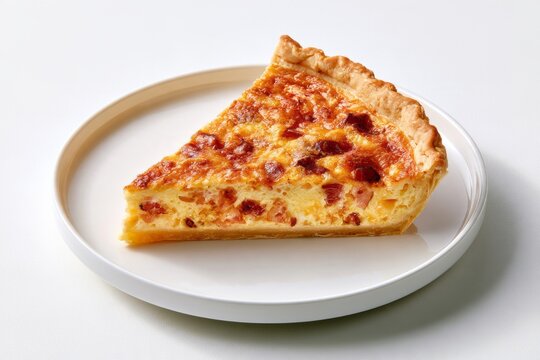 Slice of Classic French Quiche Lorraine with Crispy Bacon Ham and Melted Cheese on White Ceramic Plate Gourmet Savory Pastry Concept