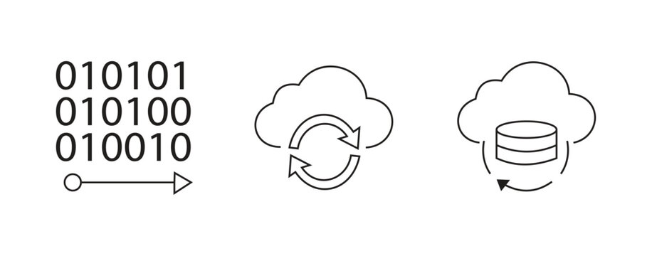 Cloud data synchronization and database transfer line icons for digital storage, backup and network technology