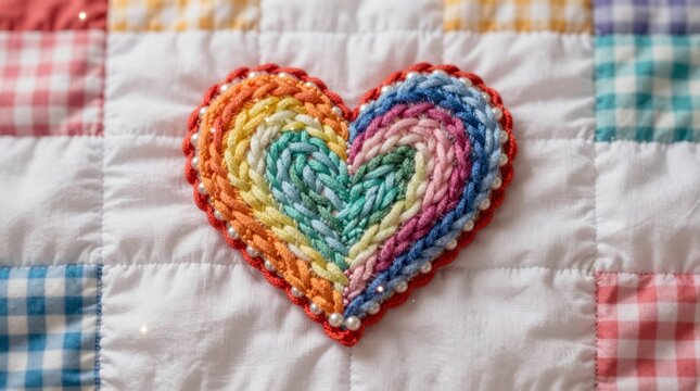 A vibrant and colorful heart embroidery featured on quilted fabric, perfect for craft projects or home decor. Showcases detailed stitching and playful hues.