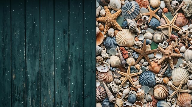 Dark wood texture contrasted with a vibrant collection of colorful seashells