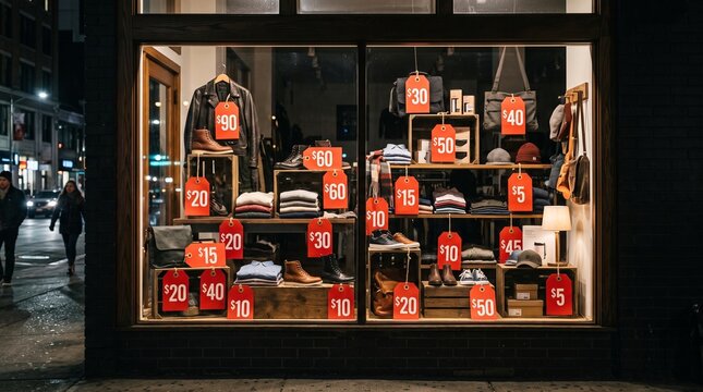 Clothing store window display at night featuring sale items with red price tags and mannequins showcasing apparel