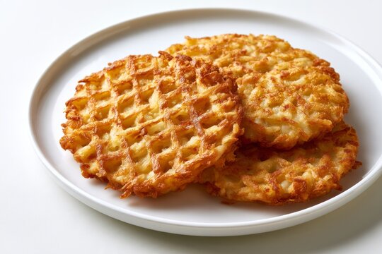 Crispy Golden Potato Hash Browns in Waffle Shape on White Ceramic Plate Delicious Breakfast Fast Food Concept