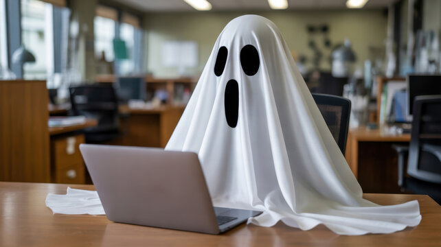 Ghost costume with a surprised face working on a laptop in an office