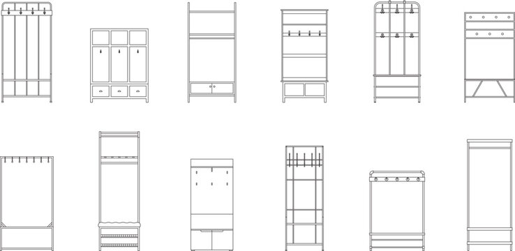 Hall tree, coat rack entryway furniture, blueprint, architectural plan, front view, line art, editable stroke, vector, illustration