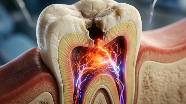 Macro dental cross section of molar with deep cavity exposed pulp and inflamed nerves creating vivid toothache disease image for oral hygiene dentistry treatment and healthcare education theme concept