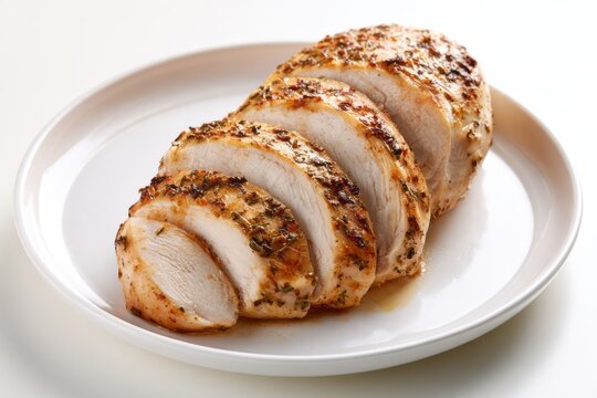Gourmet Sliced Roasted Chicken Breast with Herb Crust on White Ceramic Plate Healthy Protein Diet Food Concept 