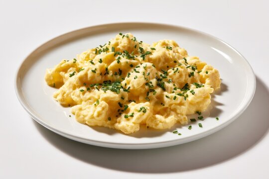 Gourmet Fluffy Egg Scramble with Fresh Chopped Chives on White Ceramic Plate Delicious Breakfast Food Concept 