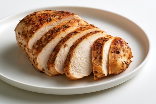 Gourmet Sliced Roasted Chicken Breast with Herb Crust on White Ceramic Plate Healthy Protein Diet Food Concept 