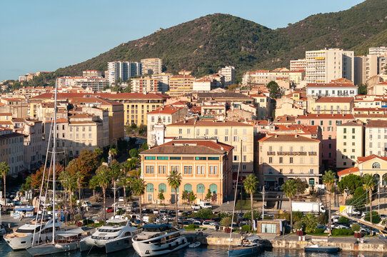 Yachts in the port at the old town of Ajaccio, Corsica. Ajaccio is the capital and largest city of Corsica island, a French commune