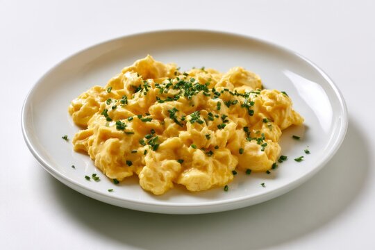 Gourmet Fluffy Egg Scramble with Fresh Chopped Chives on White Ceramic Plate Delicious Breakfast Food Concept