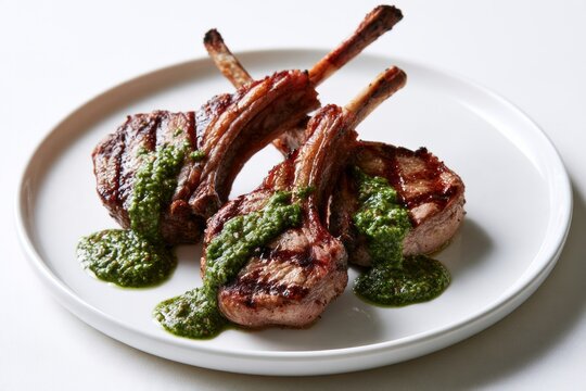 Gourmet Grilled Lamb Chops Topped with Fresh Green Chimichurri Sauce on White Ceramic Plate Restaurant Fine Dining Concept