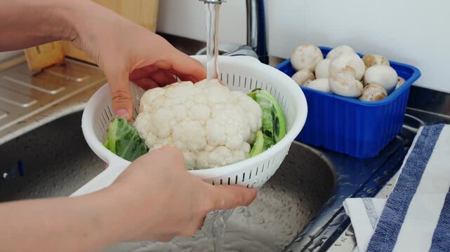 Cook cleans organic cauliflower head using colander strainer in domestic sink under tap water. Person demonstrates careful organic produce care preparation technique for vegan home cooking.