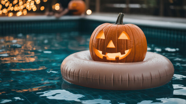 Jack-o'-lantern pumpkin floating on an inflatable ring in a pool