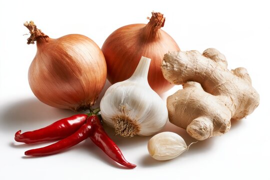 Fresh Organic Ginger Yellow and Red Onions Garlic Bulbs and Red Chili Peppers Raw Spices Ingredient Food Concept