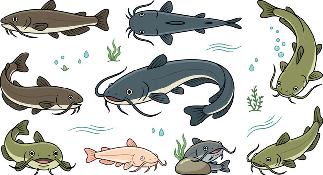 Cute cartoon catfish sticker bundle pack featuring freshwater fish characters swimming diving with barbel whiskers seaweed and river water bubbles isolated vector illustration