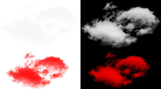 Realistic cloud cutout element, fluffy white cloud isolated visual effect, red cloud matte overlay graphic for compositing