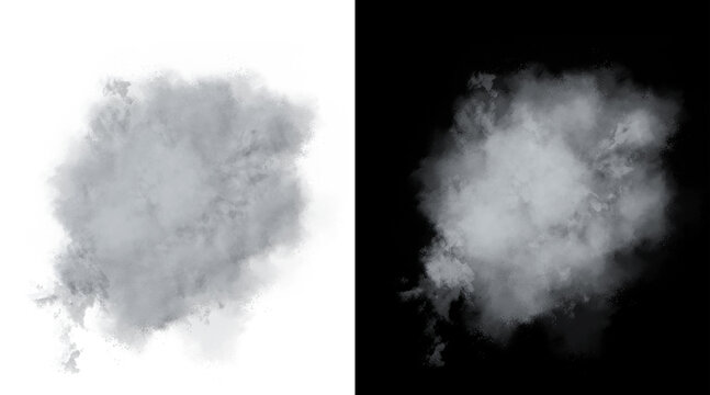 Realistic smoke plume isolated on white background with alpha channel mask, atmospheric dust explosion puff, grey steam cloud overlay for VFX