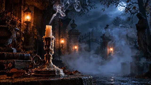 Halloween candle burning on stone steps in front of a dark misty cemetery gate at night