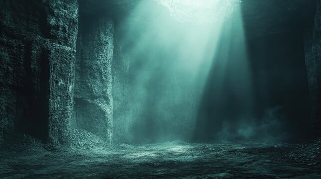 Mystical underwater cave with glowing light beams
