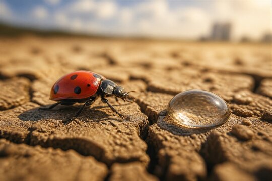 Ladybug walking near water droplet on cracked dry soil low angle