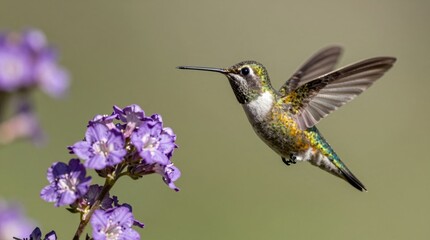 Fototapeta premium A dazzling hummingbird captured in mid-flight near purple blossoms, showcasing its iridescent feathers and grace. Perfect for nature enthusiasts and wildlife lovers.