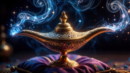 Obraz premium Golden magic lamp on purple cushion with glowing blue smoke. Mystical genie lamp creates sparkles, fantasy wishes in dark background. Arabian style antique oil lamp emits magical light, fairy tale