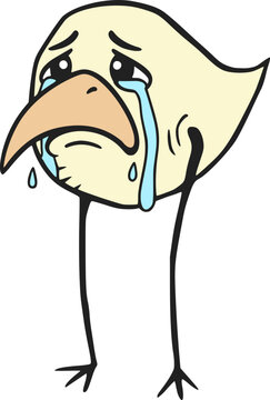 Funny unusual yellow chicken crying with tears, creating a quirky and emotional cartoon character.