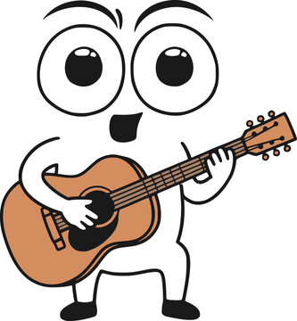 Funny cartoon songwriter with oversized eyes singing and playing guitar in a cheerful performance.