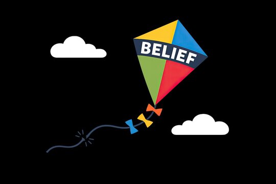A kite soaring high with the words 'Belief' written on it, a symbol of hope and inspiration